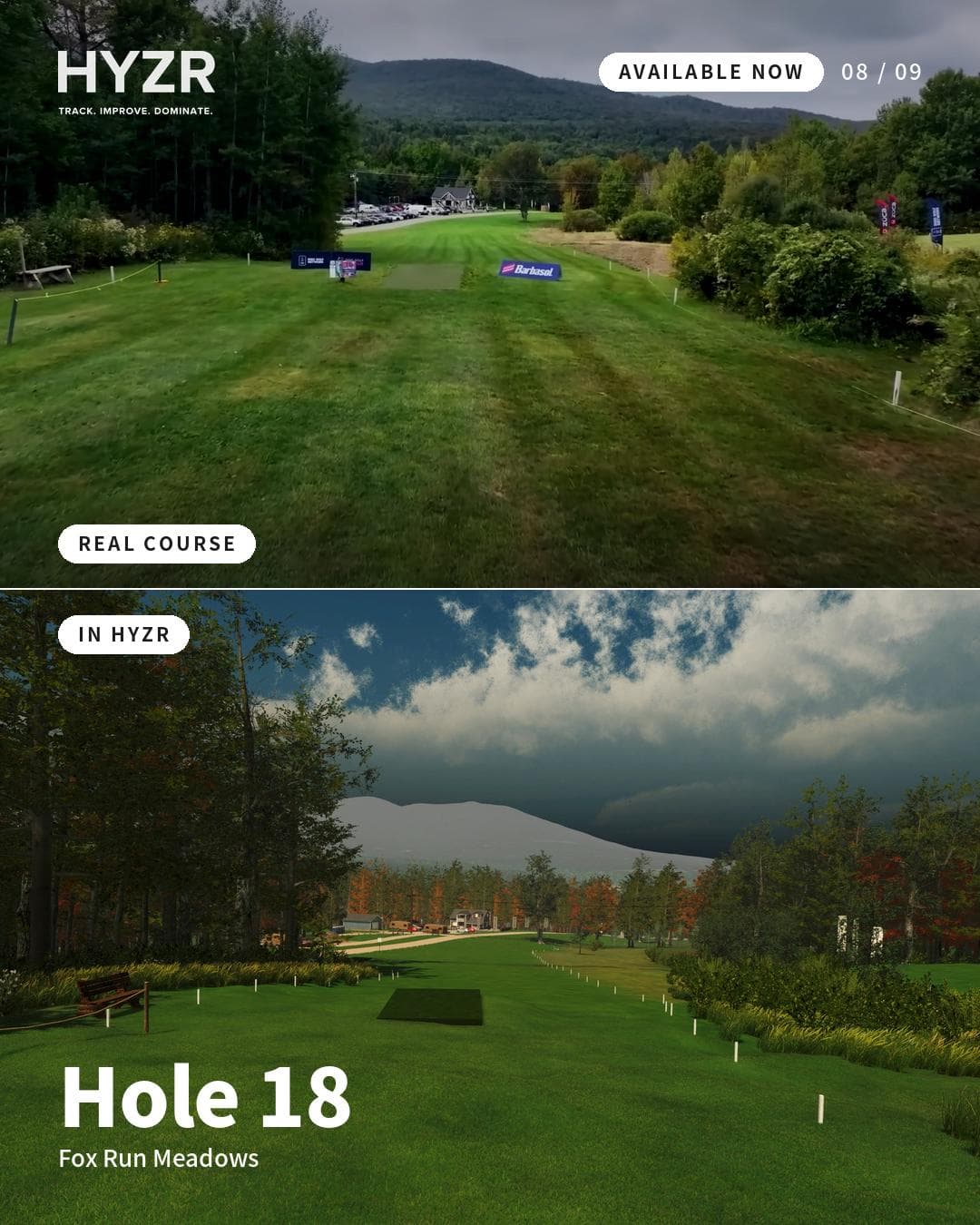 Fox Run Meadows hål 18 — riktiga banan jämfört med hur den ser ut i HYZR-simulatorn