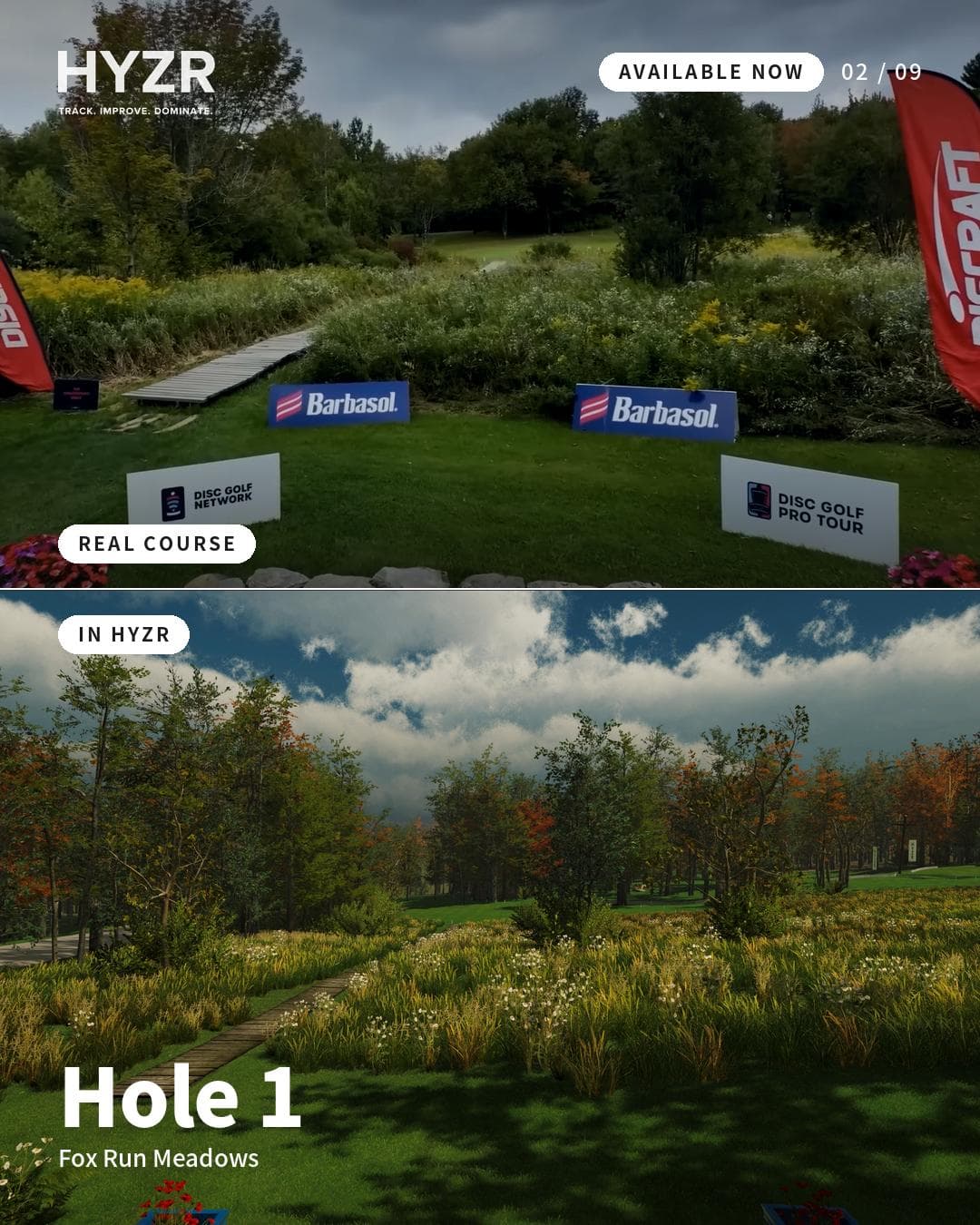 Fox Run Meadows hål 1 — riktiga banan jämfört med hur den ser ut i HYZR-simulatorn