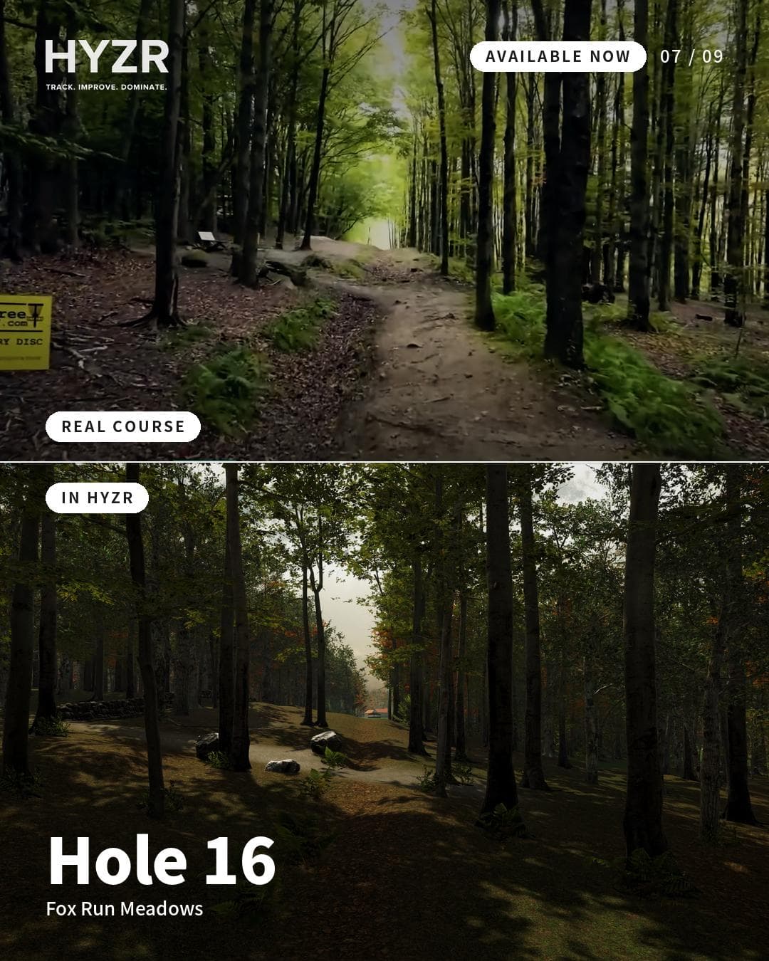 Fox Run Meadows hål 16 — riktiga banan jämfört med hur den ser ut i HYZR-simulatorn