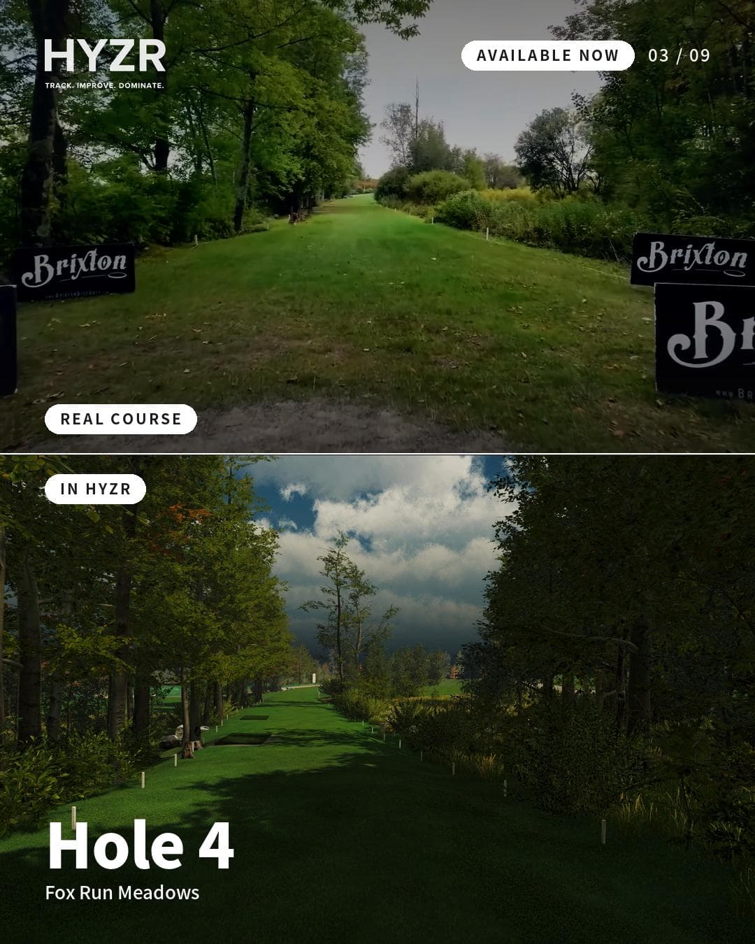 Fox Run Meadows hål 4 — riktiga banan jämfört med hur den ser ut i HYZR-simulatorn