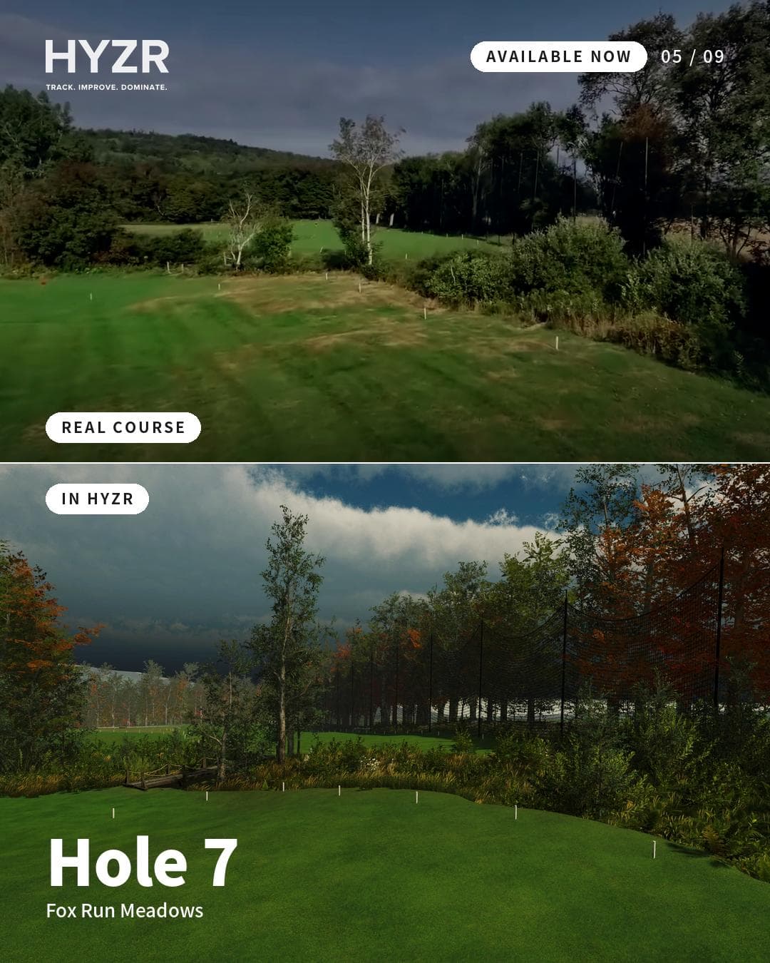 Fox Run Meadows hål 7 — riktiga banan jämfört med hur den ser ut i HYZR-simulatorn
