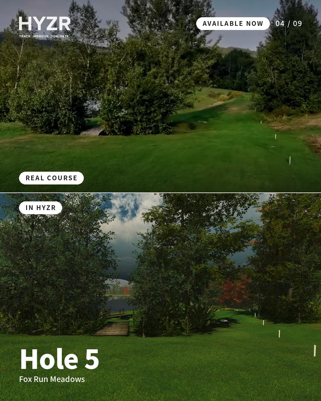 Fox Run Meadows hål 5 — riktiga banan jämfört med hur den ser ut i HYZR-simulatorn